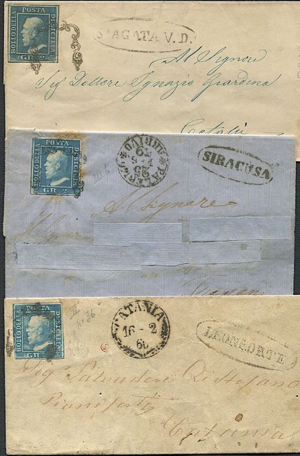 1859, Sicilia, tre lettere: da Leonforte, Siracusa e S. Agata V.D.