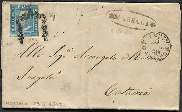 1859, Sicilia, lettera da Marsala, via Palermo, per Catania del 23 febbraio 1860.