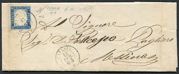 1863, Regno d’Italia, lettera da Catania per Messina del 13 febbraio.