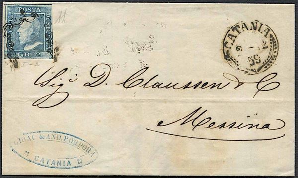 1859, Sicilia, lettera da Catania per Messina del 2 dicembre 1859.