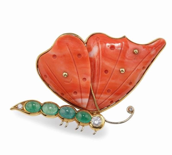 Coral, emerald and diamond brooch