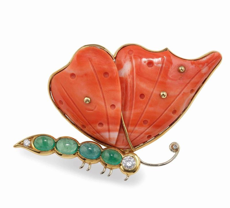 Coral, emerald and diamond brooch  - Auction Fine and Coral Jewels - Cambi Casa  [..]