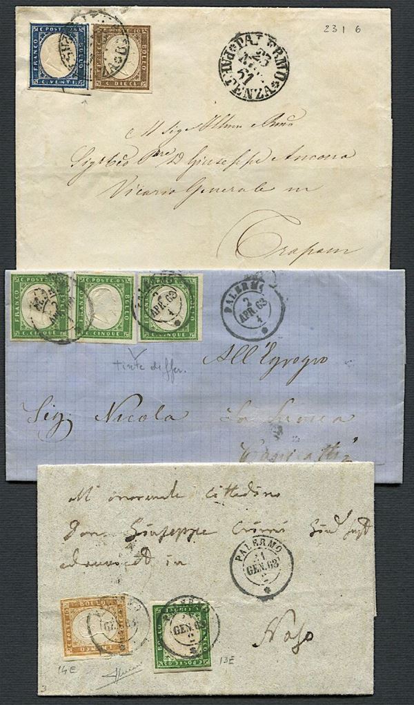1861/1863, tre lettere affrancate con francobolli di Sardegna.