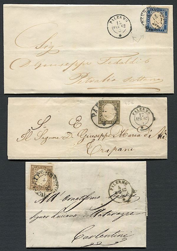 1862, due lettere affrancate con 10 cent. di Sardegna e una con 20 cent.