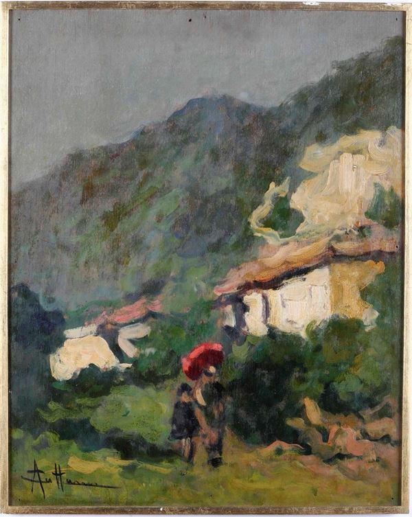 Achille Cattaneo - Paesaggio montano con case e figure con ombrello rosso