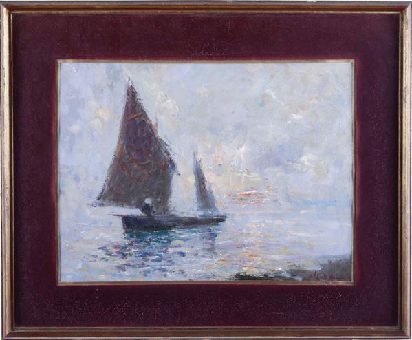 Pittore del XIX-XX secolo Paesaggio con barca a vela