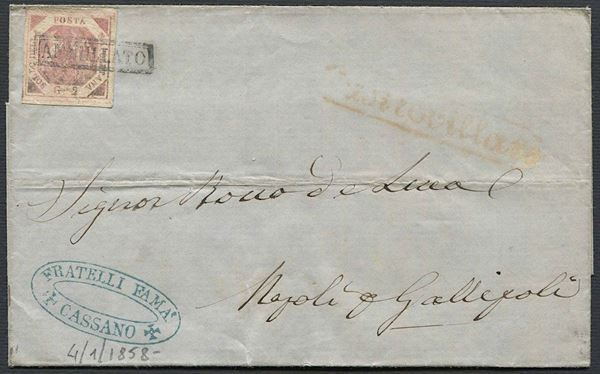 1858, Napoli, lettera da Cassano per Gallipoli via di Napoli del 4 gennaio 1858.