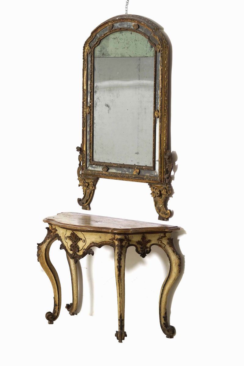 Consolle con specchiera in legno intagliato e laccato. XIX secolo  - Auction Antique  [..]