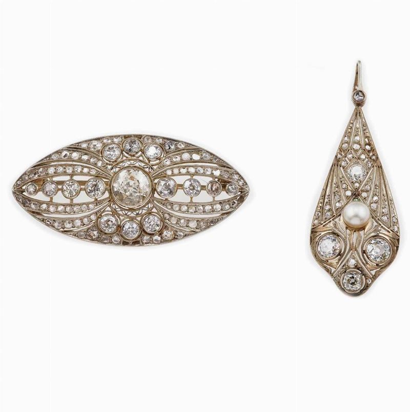 Diamond, gold and platinum brooch and pendant  - Auction Fine and Coral Jewels -  [..]