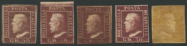 1858, Sicilia, cinque esemplari del 50 grana nuovi.