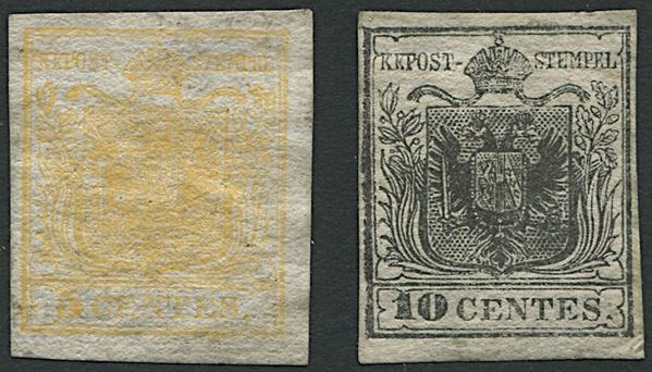 1850, Lombardo Veneto, 5 centesimi giallo arancio chiaro e 10 centesimi nero (S. 1f, 2).