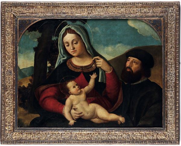 Scuola veneta del XVI secolo Madonna con il Bambino e ritratto di committente