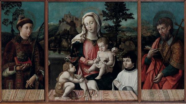 Scuola del XVI secolo Madonna con Bambino, San Giovannino, Santo Stefano, un santo e un giovane devoto