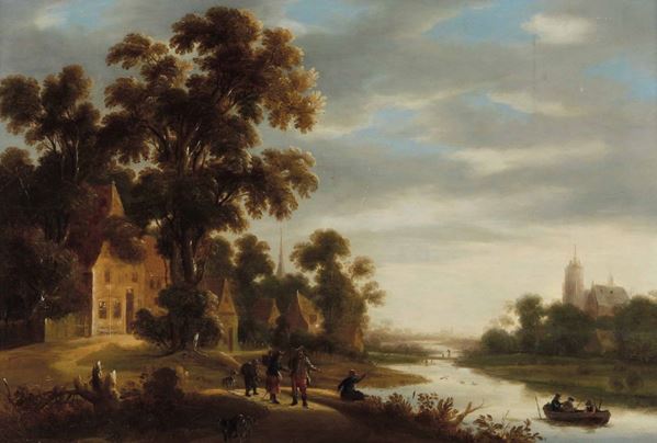 Scuola fiamminga del XVII secolo Paesaggio fluviale con pescatori e paesani