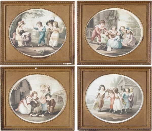 Gruppo di quattro incisioni con giochi di fanciulli, XIX secolo