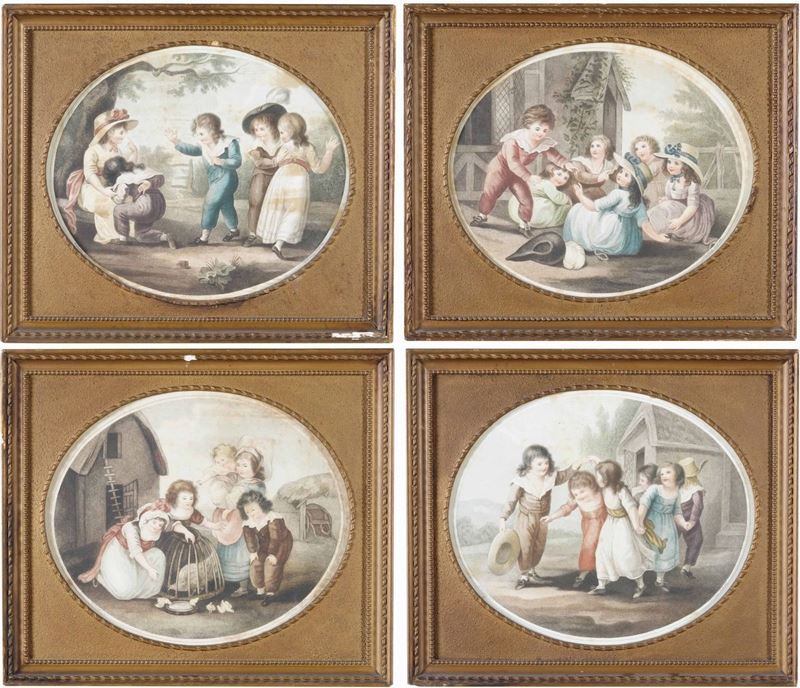 Gruppo di quattro incisioni con giochi di fanciulli, XIX secolo  - Auction Antique  [..]