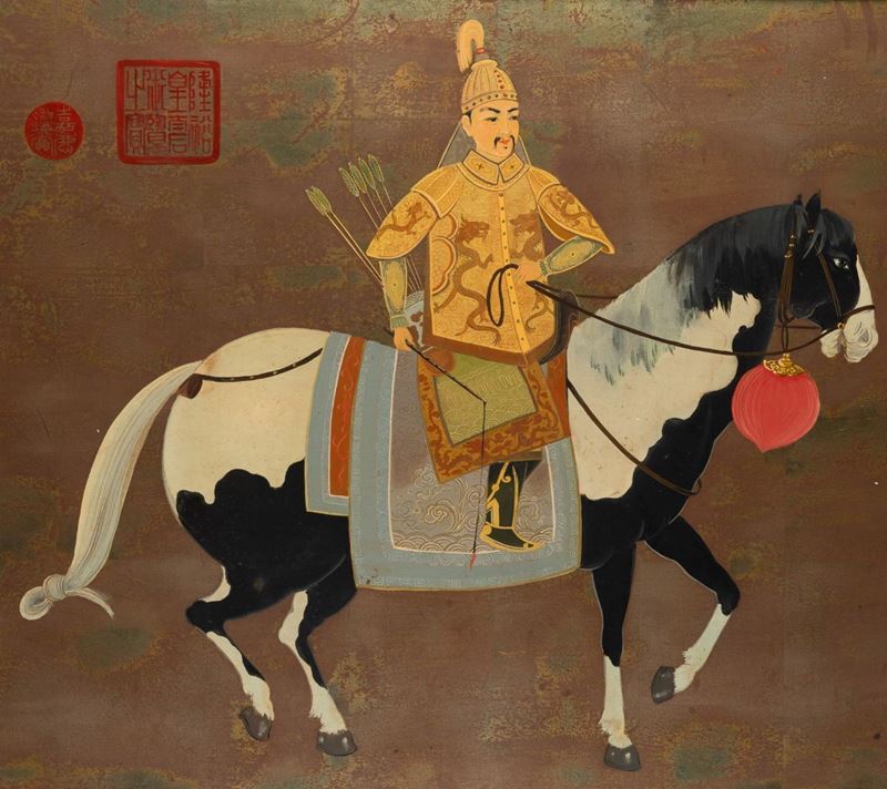 Pannello in legno laccato e dorato raffigurante cavaliere e iscrizioni, Cina, XX  [..]