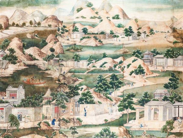 Tre grandi dipinti su carta raffiguranti paesaggio con scene di vita comune, Cina, Dinastia Qing, epoca  [..]