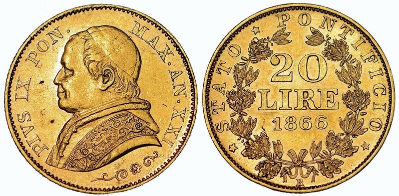 STATO PONTIFICIO. PIO IX, 1846-1878. 20 Lire 1866 A. XXI  - Auction Numismatics  [..]