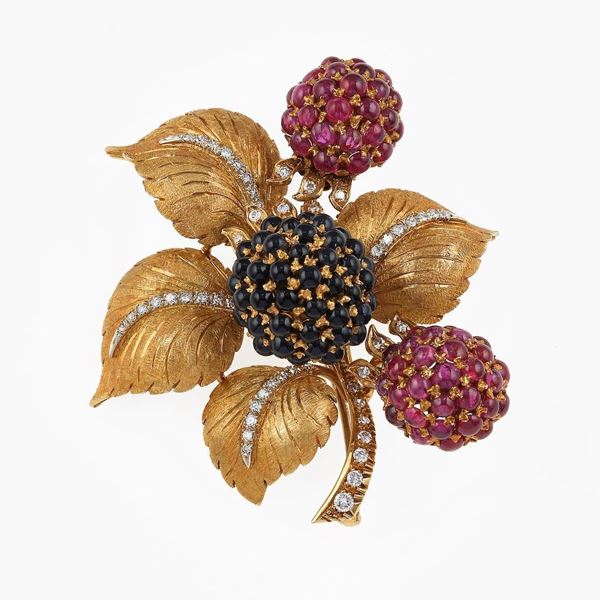 Ruby, sapphire, diamond and gold brooch