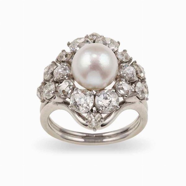 Cultured pearl and old-cut diamond ring