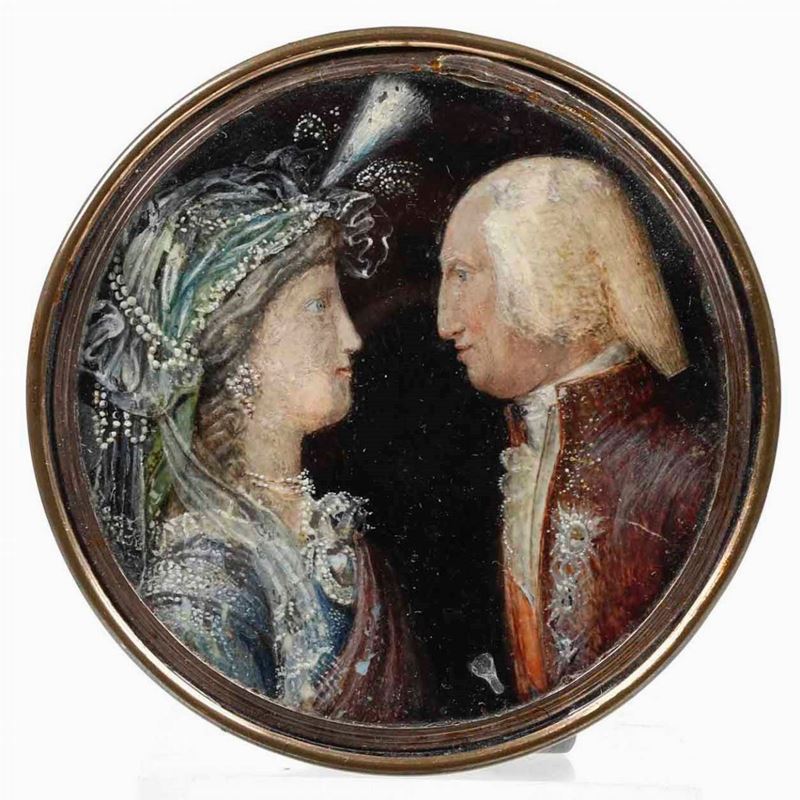 Tabacchiera in bachelite con miniatura raffigurante Ferdinando IV e consorte, XIX  [..]