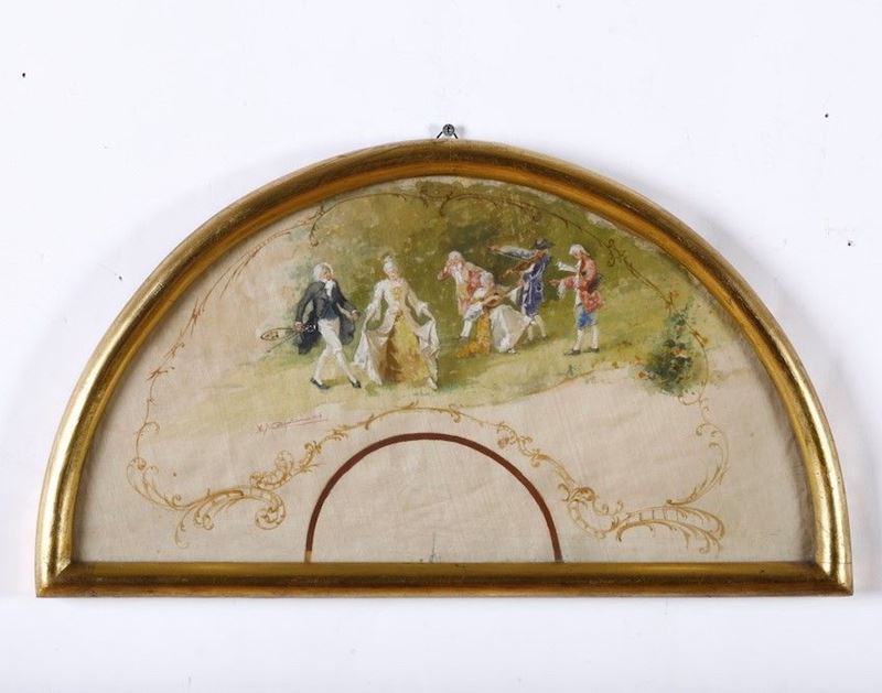 Pagina di ventaglio decorata in policromia a scena galante, in cornice  - Asta Antiquariato  [..]