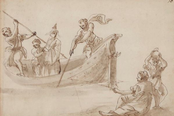 Scuola veneta del XVIII secolo Imbarcazione con figure di pescatori