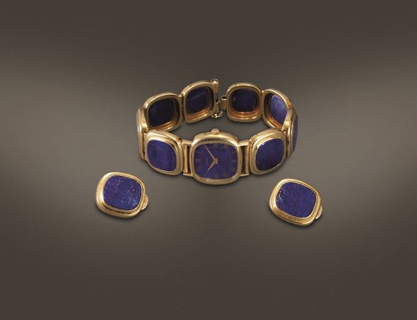 PIAGET - Orologio da sera da donna carica manuale con quadrante in Lapis numeri Romani, bracciale artigianale in oro e orecchini