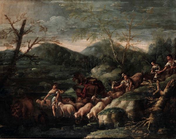 Scuola italiana del XVII secolo Paesaggio con pastori e armenti