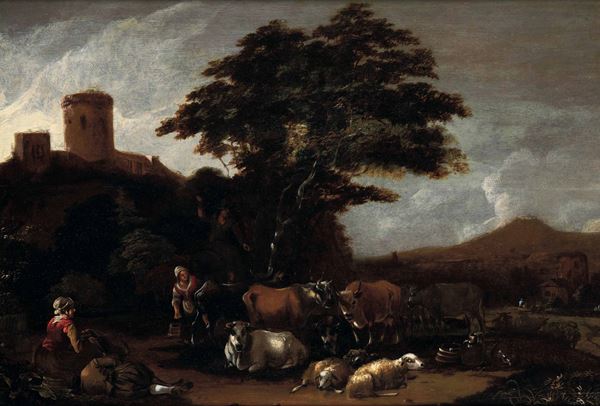 Cornelis Saftleven (1607 Gorinchem - 1681 Rotterdam) Paesaggio con pastori e armenti