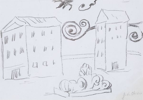Giorgio De Chirico - Due case collegate da raggi con una statua giacente