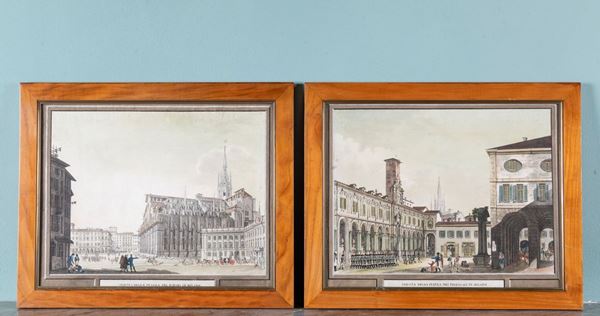 Gruppo di cinque incisioni acquerellate con vedute di Milano. XIX secolo