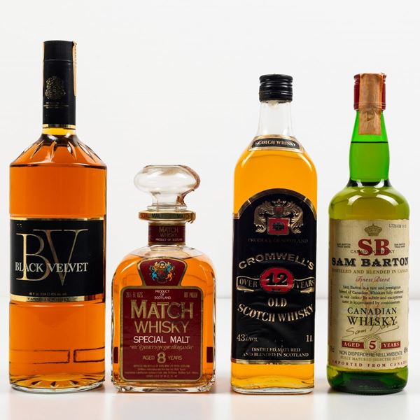 Black Velvet, Canadian Whisky Burn Brae, Match Whisky Special Malt 8 years old Cromwell’s, Old Scotch Whisky 12 years old Sam Barton, Canadian Whisky 5 years old