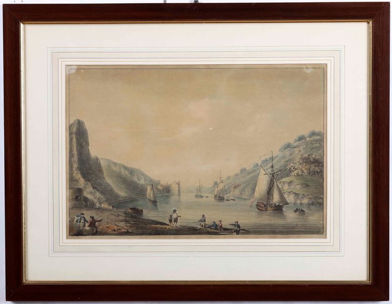 N. Pococic (XVIII-XIX secolo) Veduta con approdo e imbarcazioni  - acquerello su carta - Asta Dipinti Antichi | Cambi Time - Cambi Casa d'Aste