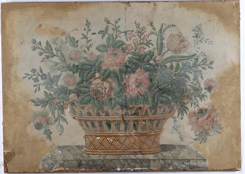 Scuola del XIX secolo Natura morta con cesta di fiori  - papier paint - Asta Dipinti Antichi | Cambi Time - Cambi Casa d'Aste