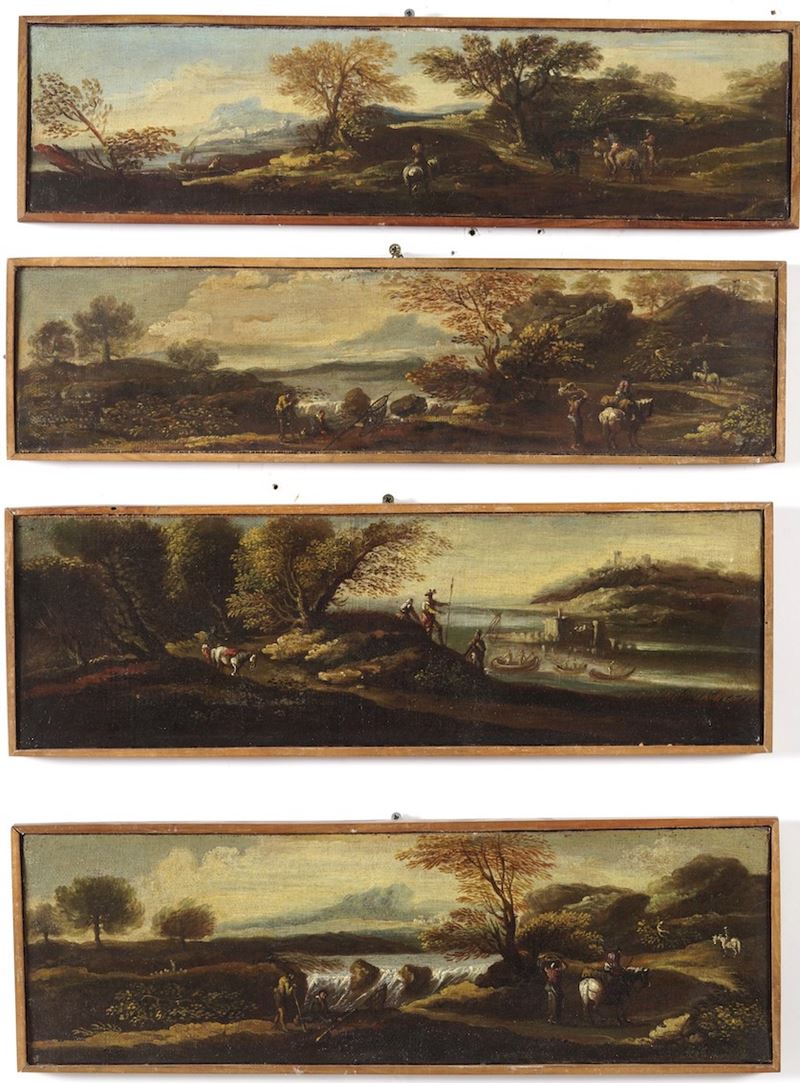 Scuola del XVIII secolo Paesaggi con personaggi  - olio su tela - Asta Dipinti Antichi | Cambi Time - Cambi Casa d'Aste