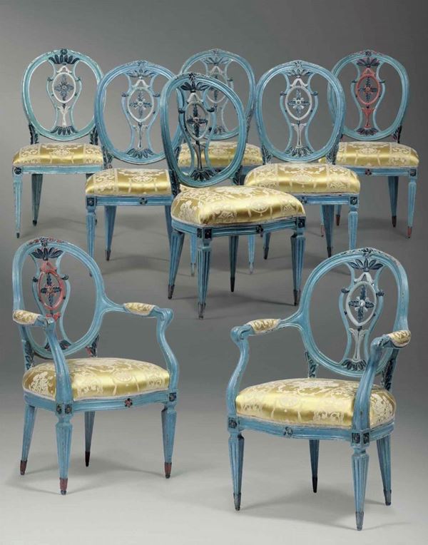 Set composto da sei sedie e due poltrone in legno laccato. Toscana XVIII secolo