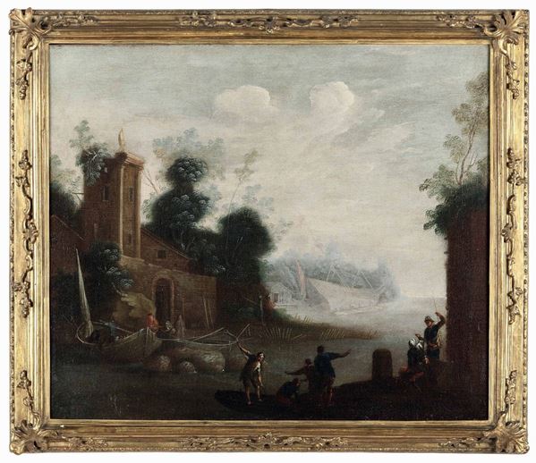Scuola del XVIII secolo Vedute costiere con velieri e pescatori