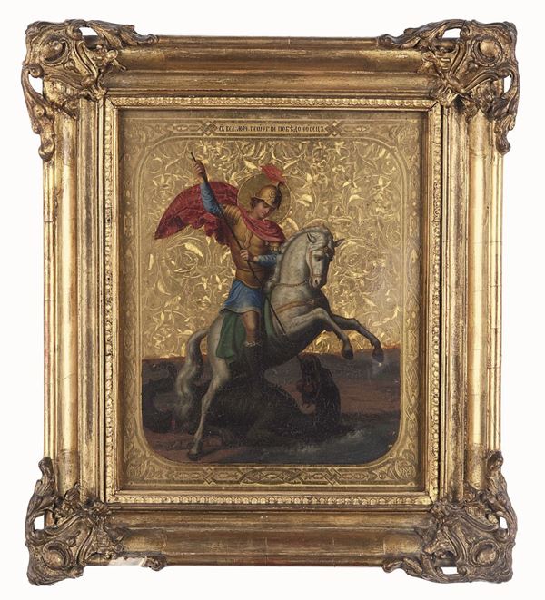 Due icone. Madonna con Bambino e San Giorgio e il drago. Russia XIX-XX secolo