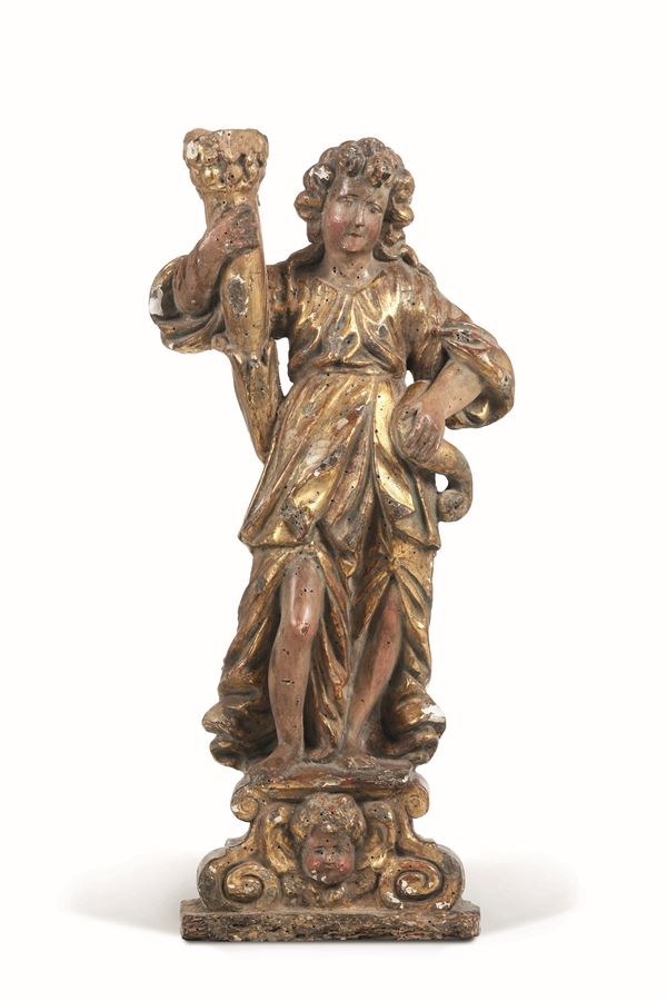 Angelo reggi torcia in legno policromo e dorato. Arte rinascimentale del XVI-XVII secolo