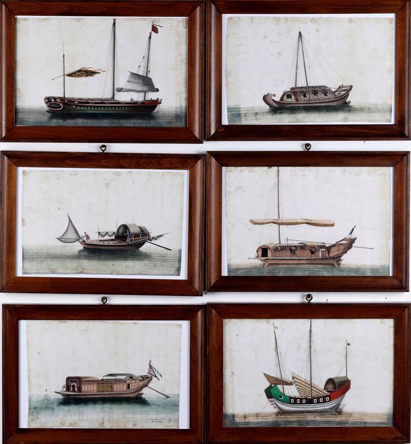 Gruppo di sei piccoli dipinti su carta di riso a tema marinaro raffiguranti barche. Cina (?) XIX secolo  - Auction Dimore italiane | Cambi Time - Cambi Casa d'Aste