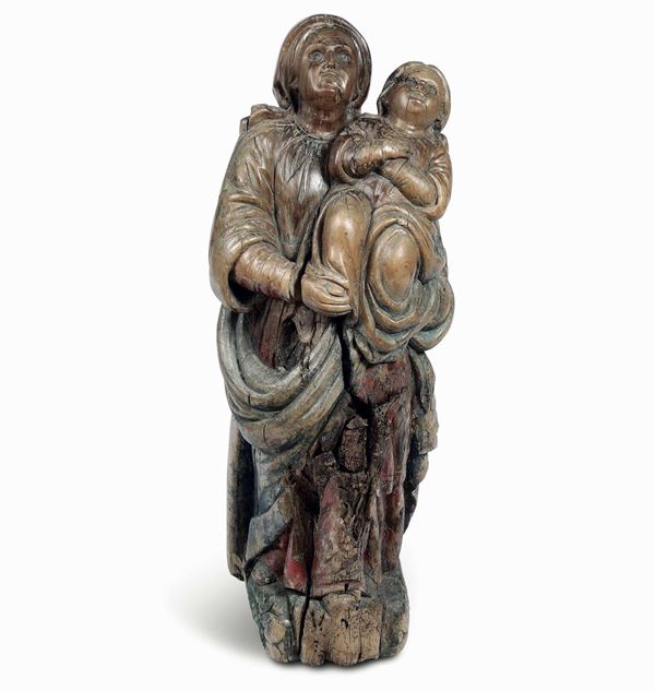 Polena in legno raffigurante Sant'Anna e Maria Bambina. XVII-XVIII secolo