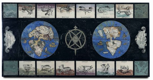 Piano dipinto a tema zodiacale e raffigurante antica mappa del mondo. XX secolo