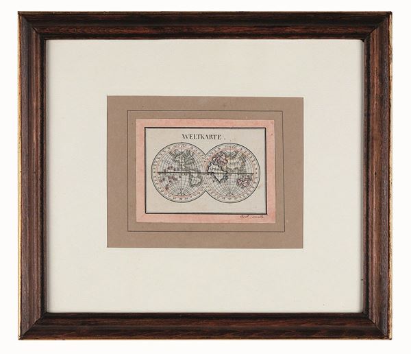 Weltkarte, mappa del mondo, disegno a inchiostro firmato Jacob Cornello (?) XX secolo