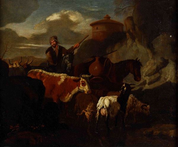 Pieter Van Bloemen detto lo Stendardo - Pastorale con animali che si abbeverano ad un torrente