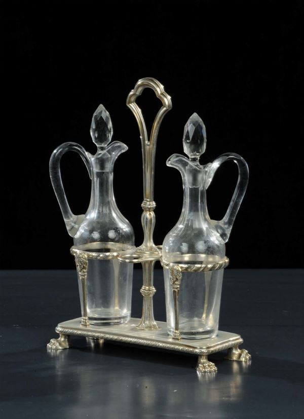 Oliera in argento con ampolle in cristallo stile Impero