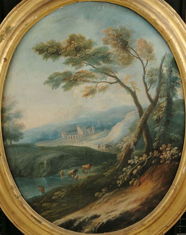 Scuola Genovese del XVIII secolo Paesaggi ed armenti ed architetture