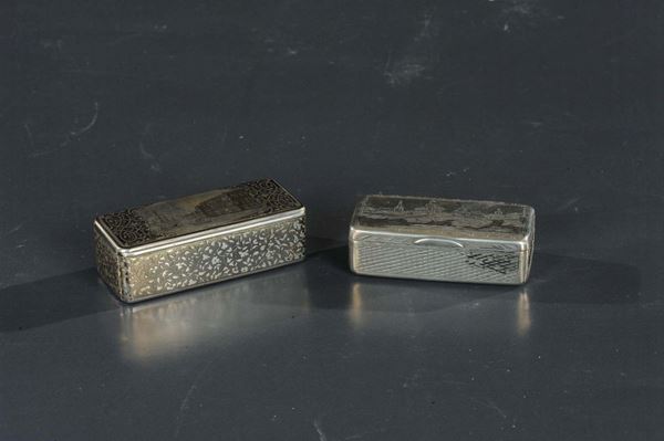 Scatola tabacchiera a niello, Russia XIX secolo e scatola in argento