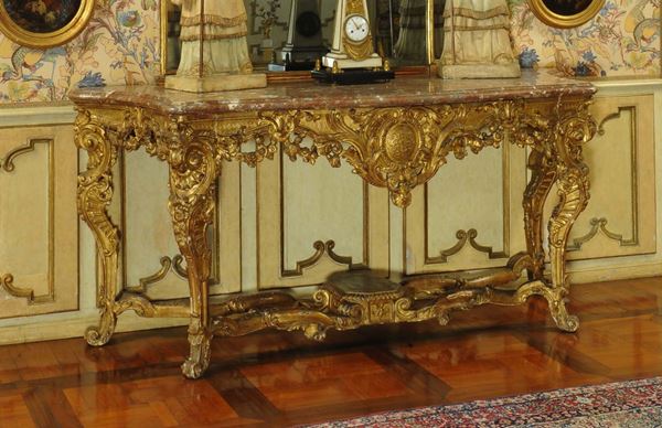 Console Luigi XIV in legno intagliato e dorato, Francia inizi XVIII secolo